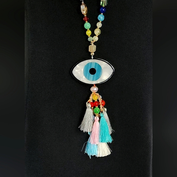 Unique Long Mixed Media Bead Evil Eye  Necklace New - Picture 8 of 9